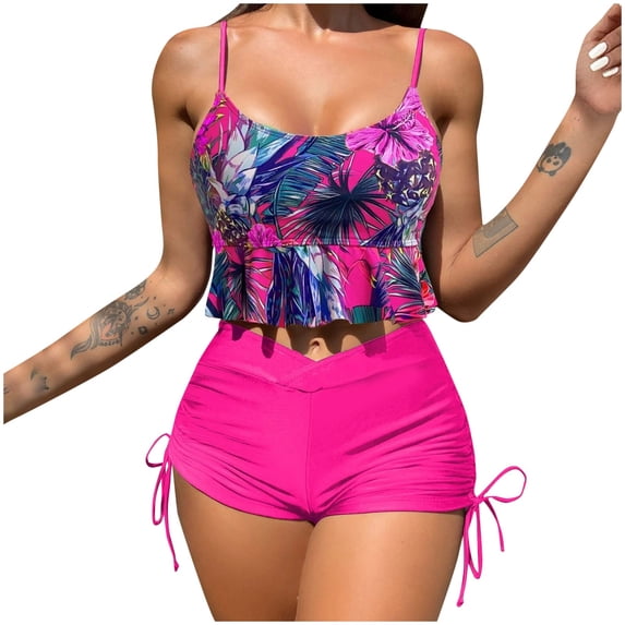 ZQUUVOU Printed Bikini Set for Women Boy Shorts High Waist Tie Side Bottom 2 Piece Swimsuit Set Pool Party Hot Pink