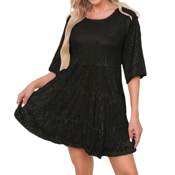 ZQUUVOU Prom Dresses for Women Sequin Crewneck 3/4 Sleeve Loose Midi Dresses Glitter Sparkly Party Club Night Out Party Dress Black