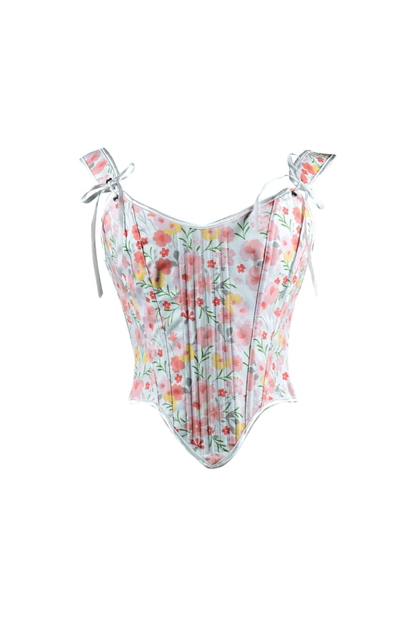 Renaissance Corset for Women Vintage Floral Print Overbust Corset Asymmetrical Hem Lace Up Back Bustier Overbust Top Pink