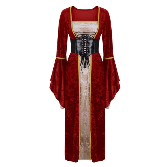 ZQUUVOU Renaissance Dress for Women Gothic Corset Square Neck Flared Cuff Lace Up Back Maxi Length Vintage Themed Party Burgundy A