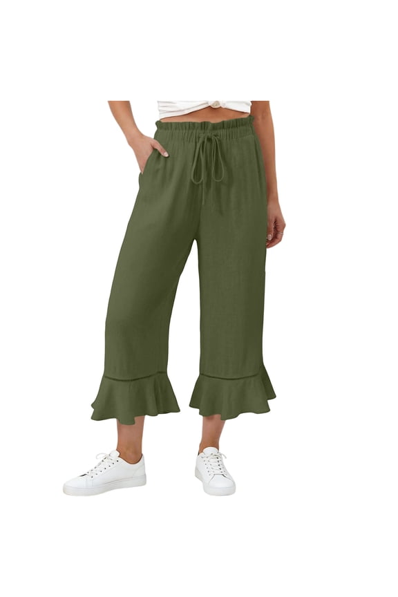 Ruffle Hem Capri Pants for Women Cotton Summer Drawstring Stretchy Ruffled Waistband Capri Trousers with Pockets Olive Green