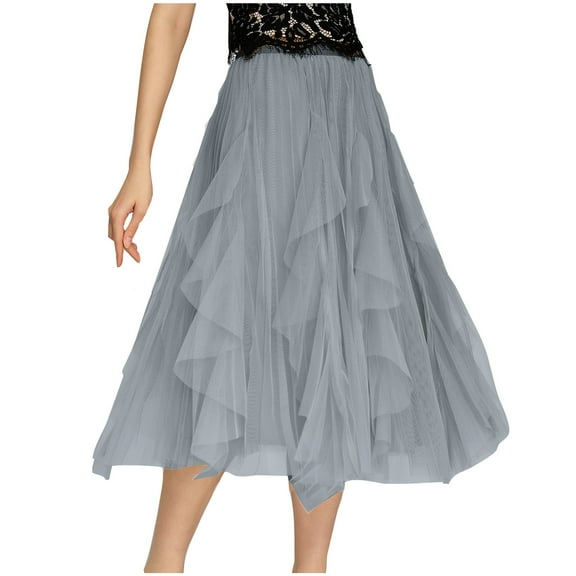 ZQUUVOU Ruffle Hem Midi Skirt for Women Flounce Stretchy Waistband Casual Flowy Below Knee Skirt Spring Summer Outfits Gray