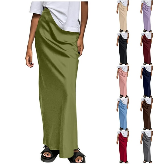 ZQUUVOU Satin Mermaid Skirt for Women French High Waist Solid Color Office Elegant Pencil Skirt with Slit Black