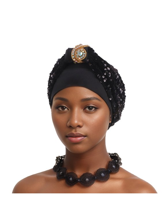 Sequin Turban for Women Pre-Tied Head Wraps Glitter Twisted Beanie Cap Headwear Rhinestone Soft Stretchy Turbans Black B