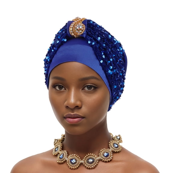 ZQUUVOU Sequin Turban for Women Pre-Tied Head Wraps Glitter Twisted Beanie Cap Headwear Rhinestone Soft Stretchy Turbans Blue B