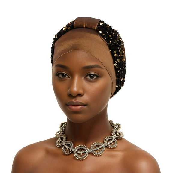 ZQUUVOU Sequin Turban for Women Pre-Tied Head Wraps Glitter Twisted Beanie Cap Headwear Rhinestone Soft Stretchy Turbans Coffee A