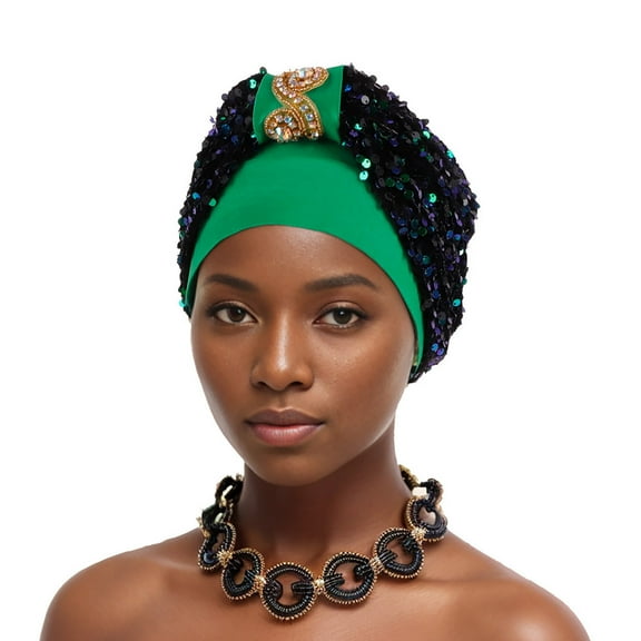 ZQUUVOU Sequin Turban for Women Pre-Tied Head Wraps Glitter Twisted Beanie Cap Headwear Rhinestone Soft Stretchy Turbans Green B