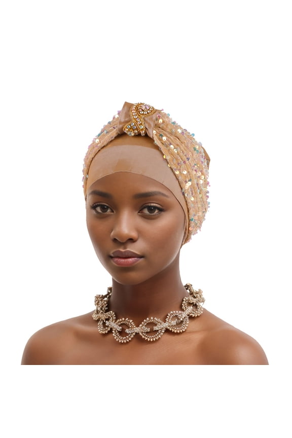 Sequin Turban for Women Pre-Tied Head Wraps Glitter Twisted Beanie Cap Headwear Rhinestone Soft Stretchy Turbans Khaki B