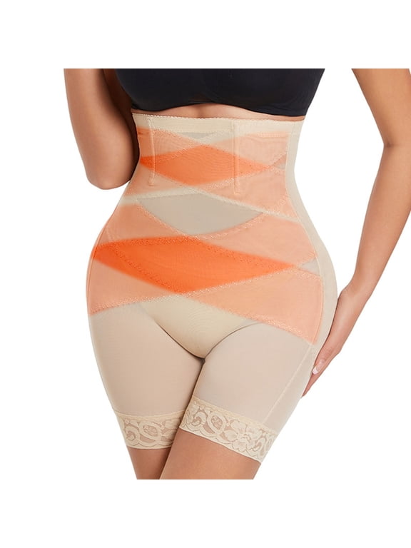 Shapewear Shorts for Women Lace Hem Mesh High Waisted Tummy Control Butt Lifting Shapewear Yoga Shorts Bottoms Beige