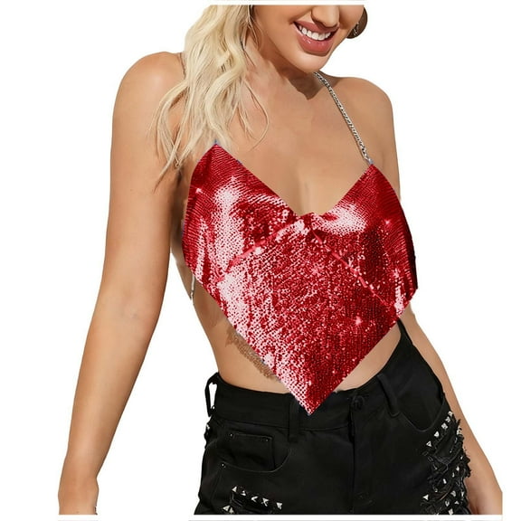 ZQUUVOU Shiny Metal Top for Women Halter Backless V Neck Metallic Glitter Rhinestone Body Chain Party Clubwear Outfits Burgundy
