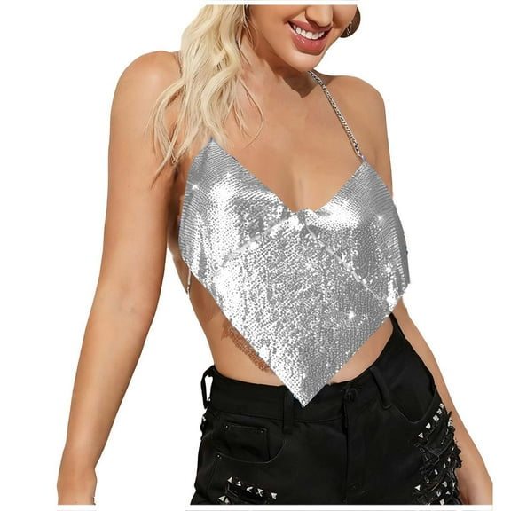 ZQUUVOU Shiny Metal Top for Women Halter Backless V Neck Metallic Glitter Rhinestone Body Chain Party Clubwear Outfits Silver