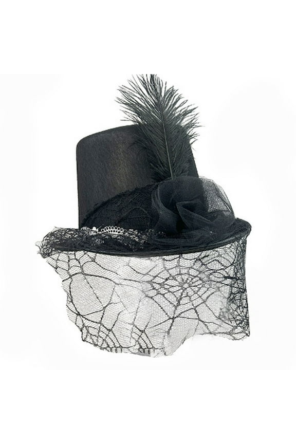 Steampunk Top Hat for Woman Lace High Hat Plume Veil Feathers Brooch Gothic Festival Wide Half Mesh Hat Black A