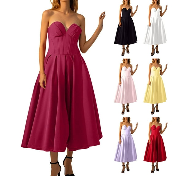 ZQUUVOU Strapless Satin Wedding Dresses for Women Structure Sleeveless Evening Dress Formal Gown for Wedding Tea Party Pink