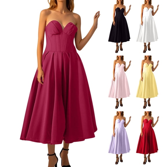 ZQUUVOU Strapless Satin Wedding Dresses for Women Structure Sleeveless Evening Dress Formal Gown for Wedding Tea Party Yellow