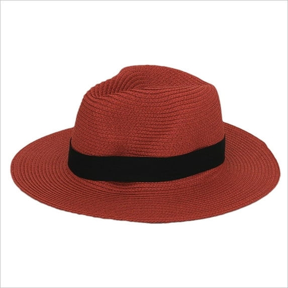 ZQUUVOU Straw Boater Sun Hat for Women Men Wide Brim Fedora Panama Hat Sun Flat Top Hat Foldable Packable Beach Hat Red