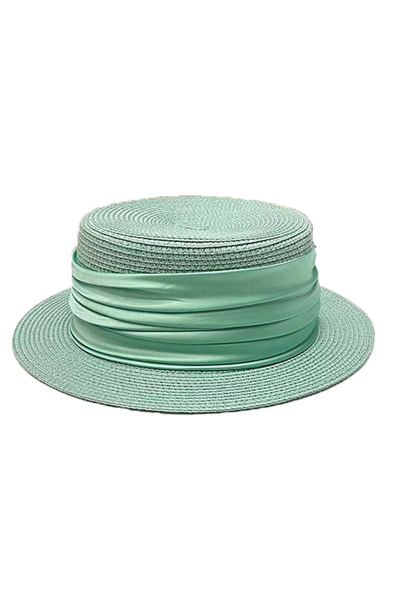 Straw Flat Top for Women Wide Brim Straw Panama Flat Hat Sun Shading Beach Sun Hat Fedora Derby Pork-Pie Hat Green