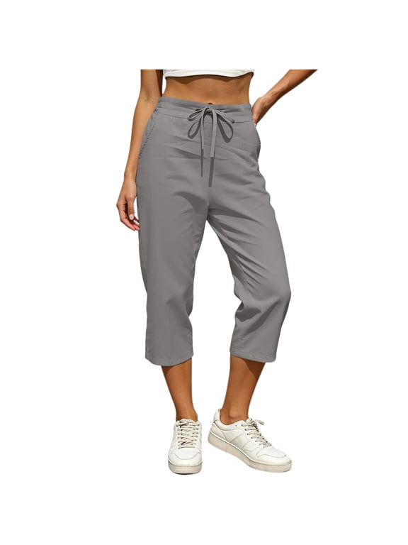 Summer Capri Pants for Women Cotton Straight Leg Drawstring Elastic Waist Cropped Trousers with Pockets Gray