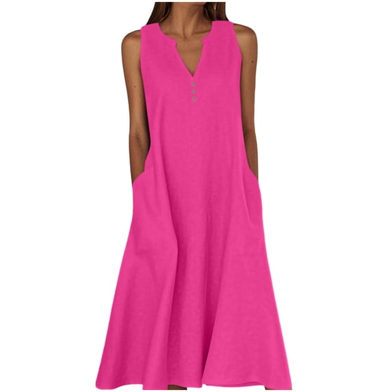 ZQUUVOU Summer Dresses for Women Cotton Linen Sleeveless V Neck Midi Dress with Pocket Casual Bohemian Beach Sundress Pink