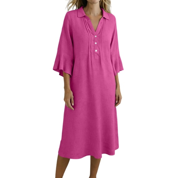 ZQUUVOU Summer Dresses for Women Linen Blend Loose Midi Dresses with Pockets 3/4 Sleeve Long Casual Bohemian Dress Hot Pink