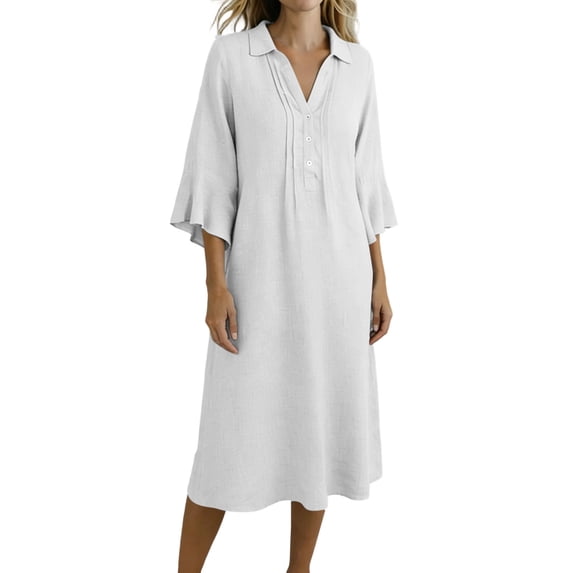 ZQUUVOU Summer Dresses for Women Linen Blend Loose Midi Dresses with Pockets 3/4 Sleeve Long Casual Bohemian Dress White