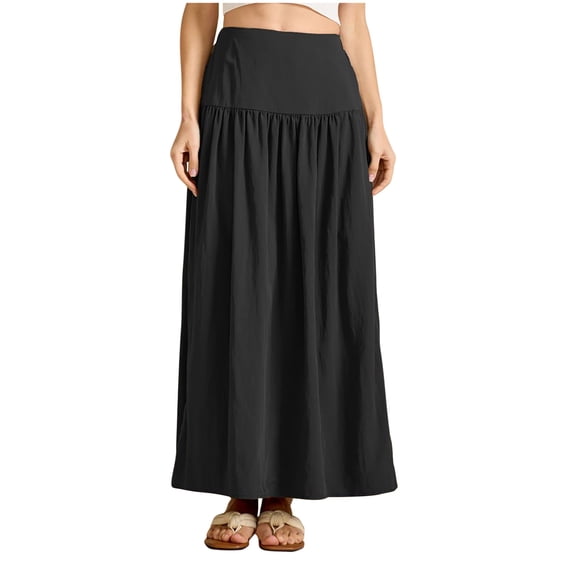 ZQUUVOU Summer Long Skirt for Women Solid Color Loose Elastic Waist Casual Comfort A Line Midi Skirt with Pocket Black
