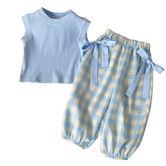 ZQUUVOU Summer Toddler Girls Summer Outfit Round Neck Tank Top And Pants Light Blue