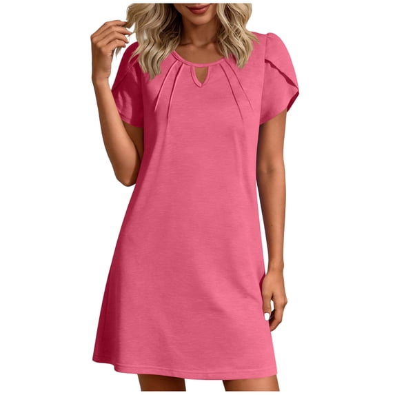 ZQUUVOU Sundresses for Women Solid Crewneck Short Sleeve Ruched T-shirt Dress Casual Loose Beach Vacation Mini Dress Hot Pink