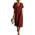 thumbnail image 1 of ZQUUVOU Sundresses for Women V Neck Short Sleeve Lace Trim Loose Midi Dresses with Pockets Long Casual Summer Dress Burgundy, 1 of 6