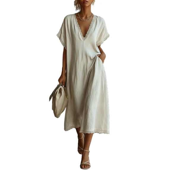 ZQUUVOU Sundresses for Women V Neck Short Sleeve Lace Trim Loose Midi Dresses with Pockets Long Casual Summer Dress White