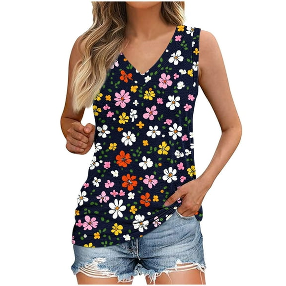 ZQUUVOU Tank Top For Women Boho Printed V-Neck Tops (B-Black,S)
