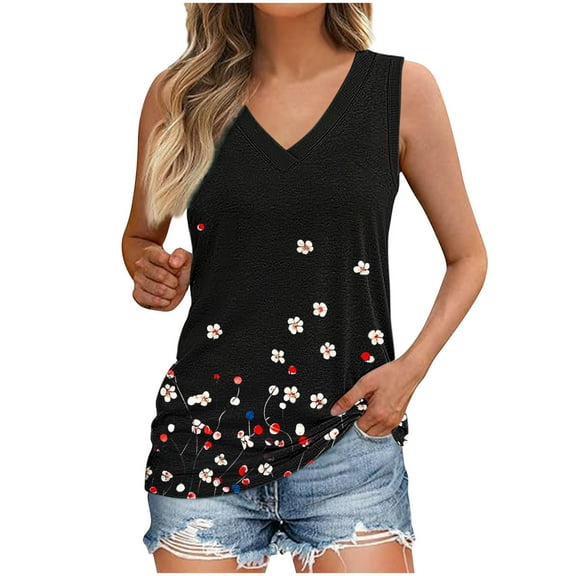 ZQUUVOU Tank Top For Women Boho Printed V-Neck Tops (C-Black,2XL)