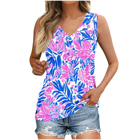 ZQUUVOU Tank Top For Women Boho Printed V-Neck Tops (Sky Blue,S)