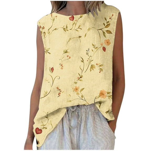 ZQUUVOU Tank Top For Women Casual Printed Crew Neck Tank (Beige,L)