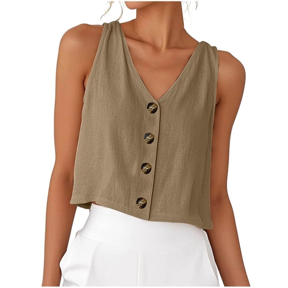 ZQUUVOU Tank Top For Women Casual Sleeveless Solid Button V-Neck Blouse (Brown,2XL)