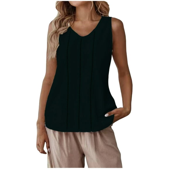 ZQUUVOU Tank Top For Women Cotton Linen V Neck Solid Color Summer Tops (Black,L)