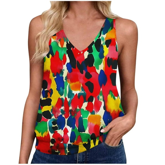 ZQUUVOU Tank Top For Women Floral Printed T-Shirt V Neck Tops (Red,S)