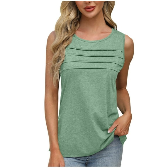 ZQUUVOU Tank Top For Women Front Pleats Summer Solid Color Round Neck Camisole Tops (Green,L)