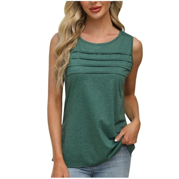ZQUUVOU Tank Top For Women Front Pleats Summer Solid Color Round Neck Camisole Tops (Olive Green,M)