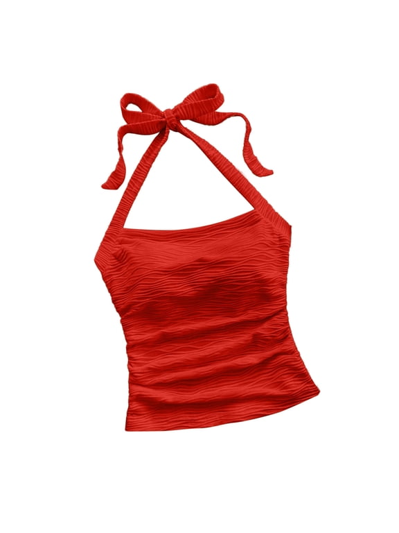 Tank Top For Women Halter Casual Solid Color Tops (Red,2XL)