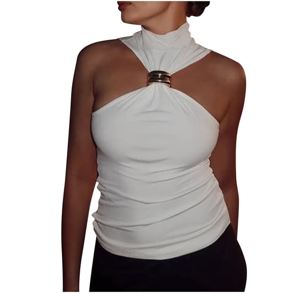 ZQUUVOU Tank Top For Women Halter Shoulder Solid Color Tops (White,M)