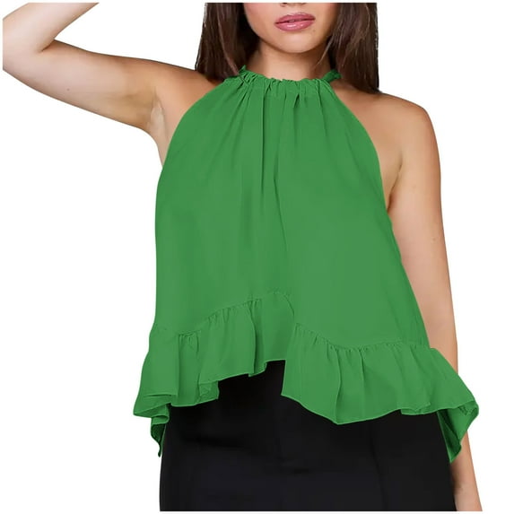 ZQUUVOU Tank Top For Women Halter Solid Color Loose Ruffle Casual Tops (Green,M)