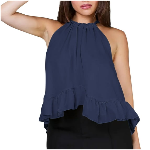 ZQUUVOU Tank Top For Women Halter Solid Color Loose Ruffle Casual Tops (Navy,XL)