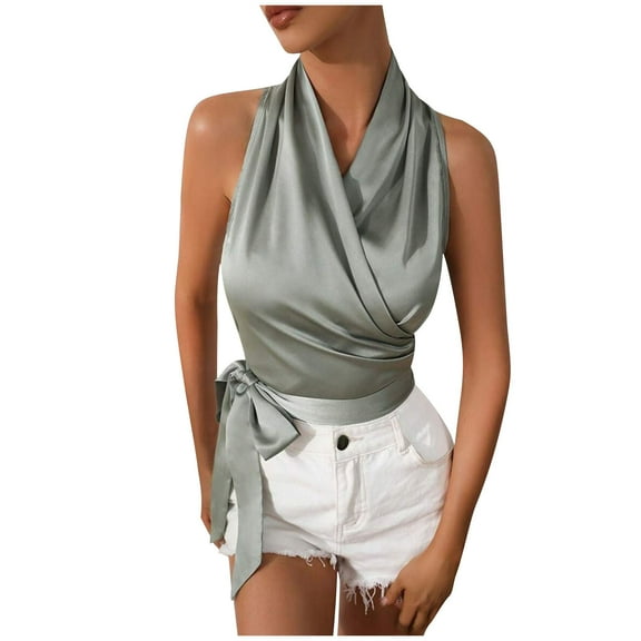 ZQUUVOU Tank Top For Women Halter Summer Solid Color V-Neck Tops (Mint Green,XL)