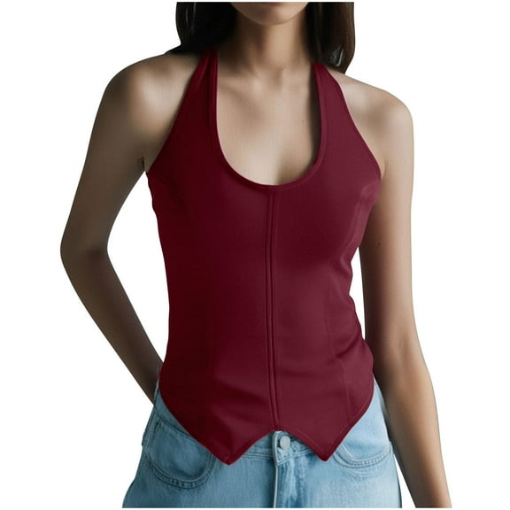 ZQUUVOU Tank Top For Women Halter V-Neck Solid Color Tops (Burgundy,M)