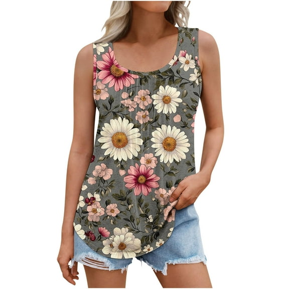 ZQUUVOU Tank Top For Women Loose Casual Crew-Neck Pleated Tops (Multicolor,M)