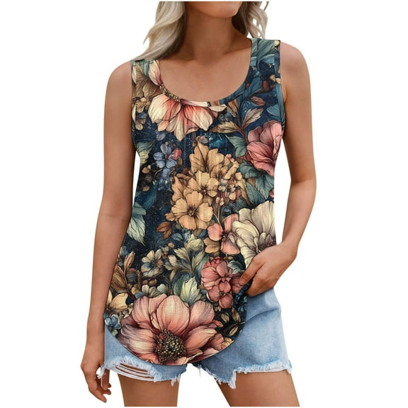 ZQUUVOU Tank Top For Women Loose Casual Crew-Neck Pleated Tops (Multicolor,S)