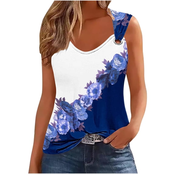 ZQUUVOU Tank Top For Women Printed Crew Neck Tops (B-Blue,L)