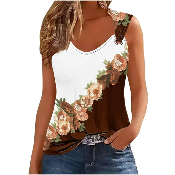 ZQUUVOU Tank Top For Women Printed Crew Neck Tops (B-Brown,2XL)