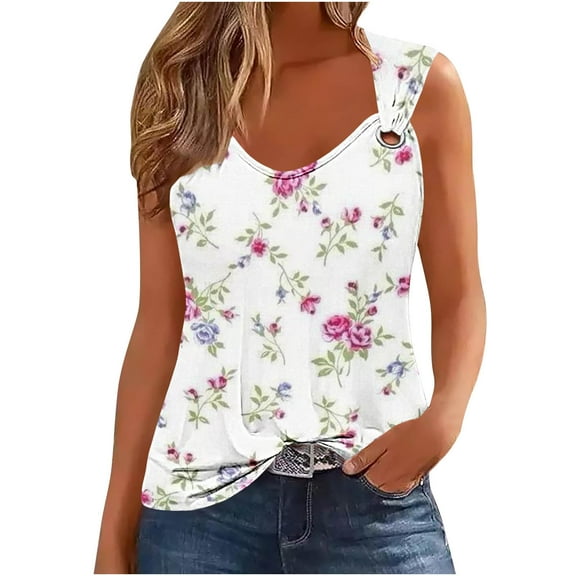 ZQUUVOU Tank Top For Women Printed Crew Neck Tops (C-White,XL)