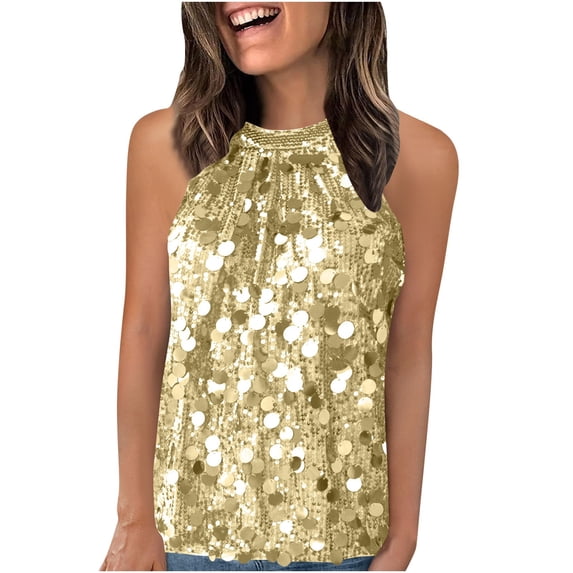 ZQUUVOU Tank Top For Women Sequin Halter Knit Solid Color Crew Neck Tops (Yellow,XL)